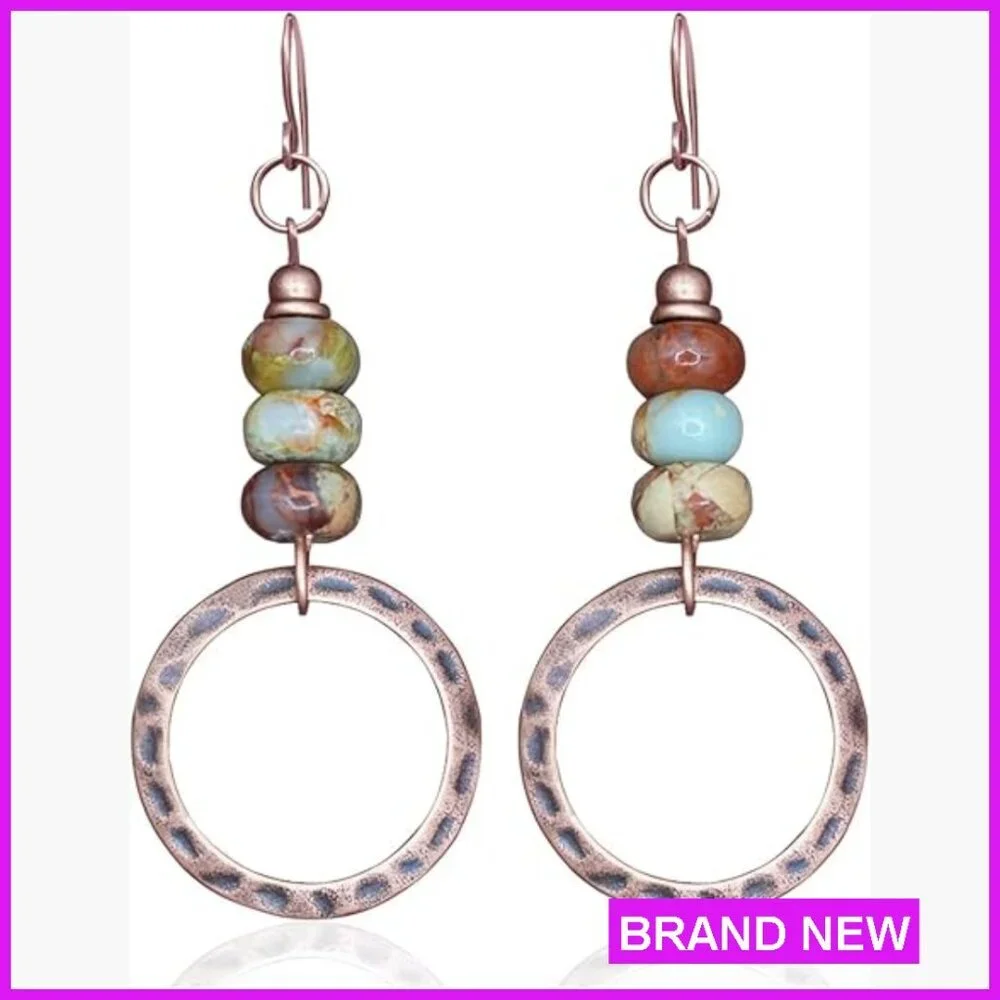 Boho Hammered Copper Drop Earrings with Gemstone Beads Handmade Jewelry